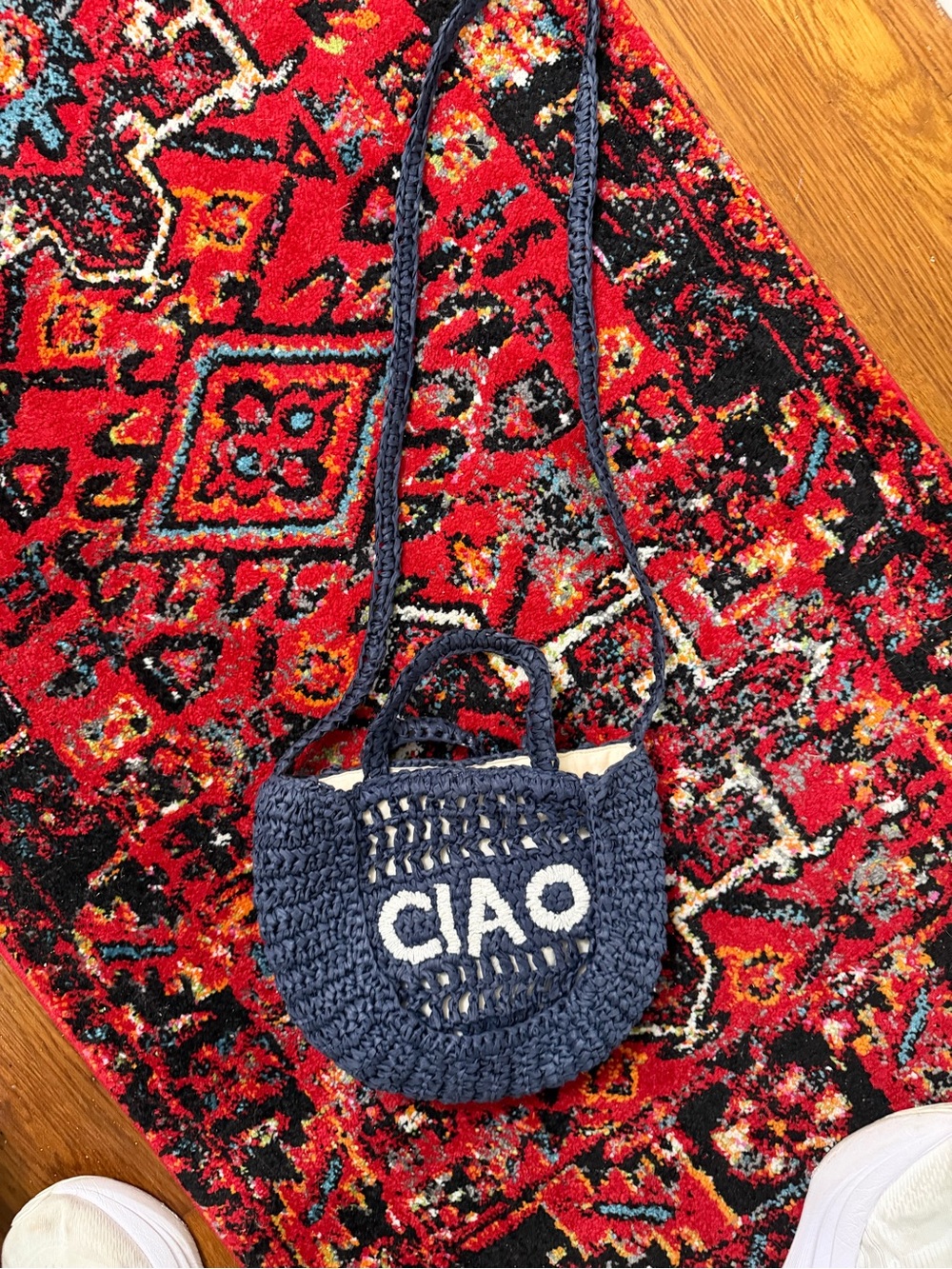 Blue Crochet Crossbody Bag with 'CIAO' Text